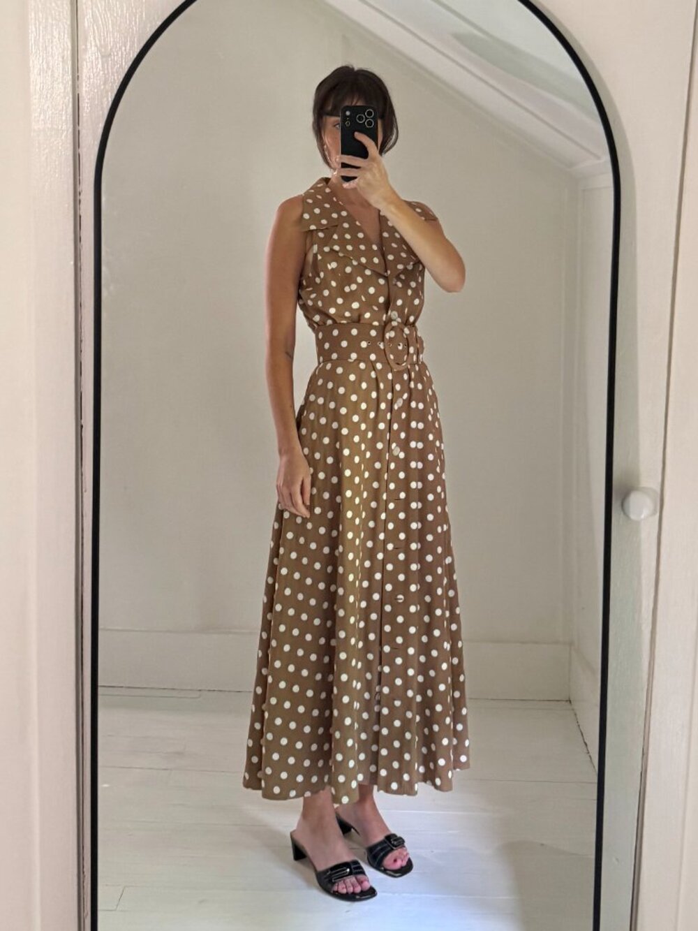 All That Jazz Vintage 90s Polka Dot Belted Buttoned Midi Dress Size 9/10 Brown - Picture 2 of 9